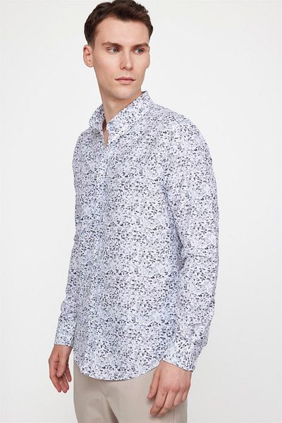 Tudors Slim Fit Long Sleeve Printed Patterned Easy Iron Collar Buttoned White Shirt