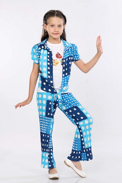 MORNIO Set 3 piese pentru fete, cămașă cu cravată, tricou și pantaloni largi MRN2420