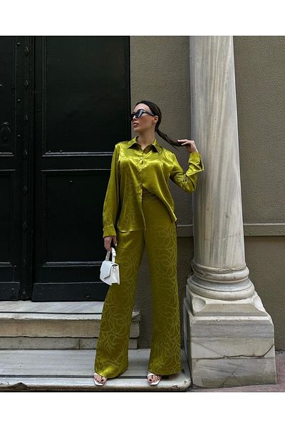 SERHANE Oil Green Chain Patterned Satin Set - Bottom-Top Set