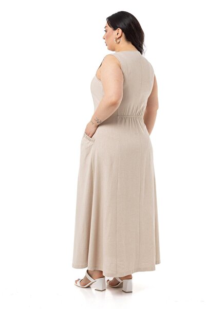 DISENTIS MODEST Μεγάλο λινό φόρεμα μακρύ μπεζ με λεπτομέρεια από καουτσούκ στην τσέπη και στη μέση