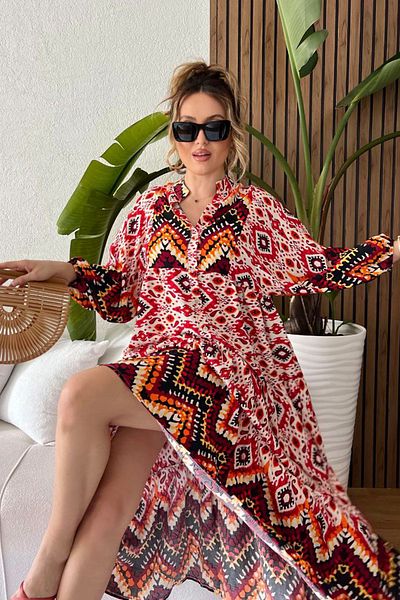 AYASOFYA OTANTIK Women's Orange Button Detailed Placket Collar Balloon Sleeve Ethnic Patterned Long Dress
