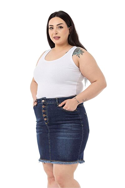 DISENTIS MODEST Plus Size Skirt Tasseled Button Detailed Navy Blue Denim Mini Skirt