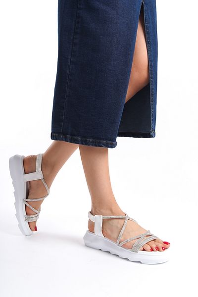 Moda Değirmeni Sandale cu piatră încrucișată pentru femei alb-alb BG1091-123-0007