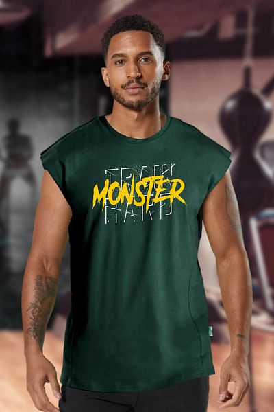 BESSA Mint Green Men's Athlete - Monster Printed, Oversize Crew Neck, Cotton Sleeveless Sportsman