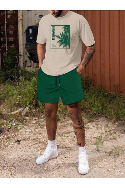 Revasser Σετ μπλουζάκι Unisex Γυναικείο/Ανδρικό Μπεζ Πράσινο Χαβάης Προσαρμοσμένο εμπριμέ σορτς
