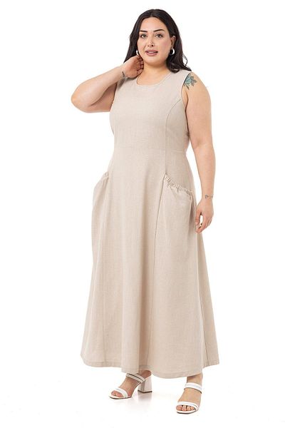DISENTIS MODEST Large Size Linen Long Beige Dress with Rubber Shirred Detail on Pocket and Back Waist