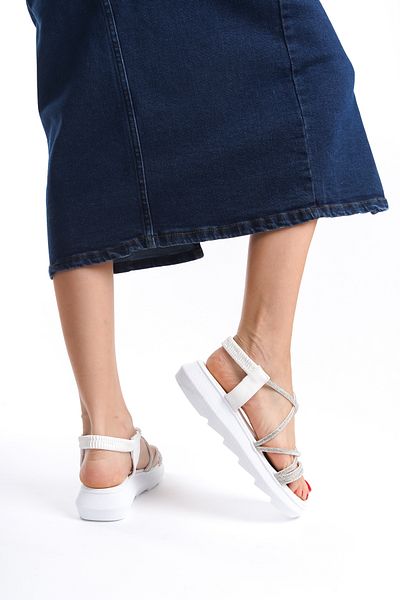 Moda Değirmeni Sandale cu piatră încrucișată pentru femei alb-alb BG1091-123-0007