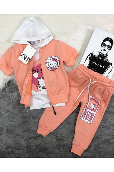 SİRİ KİDS Girl's Three-Piece Summer Bottom Top Combed Cotton Set, Short Sleeve Vest, Short Sleeve Hooded T-Shirt, Hand Tracksuit