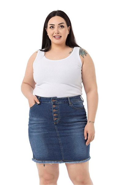 DISENTIS MODEST Plus Size Skirt Tasseled Button Detailed Blue Denim Mini Skirt