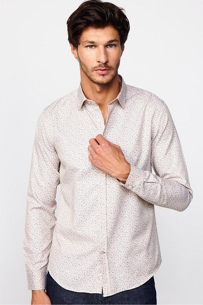 Tudors Slim Fit Μακρυμάνικο Slim Fit Μοτίβο βαμβακερό εύκολο στο σιδέρωμα Μπεζ ανδρικό πουκάμισο