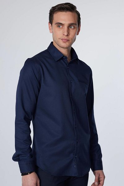 Tudors Тъмно синя мъжка риза Slim Fit с дълъг ръкав Fleto с един джоб Dobby Cotton