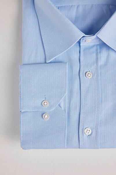 Tudors Büyük Beden Uzun Kollu Kolay Ütü Kravatlık Armürlü Pamuklu Erkek Mavi Gömlek