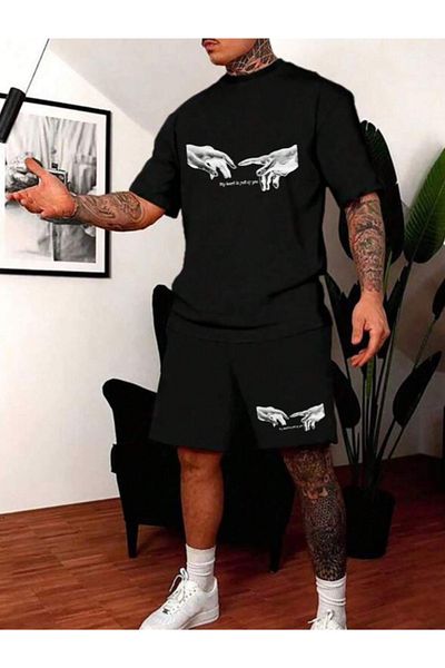 Revasser Unisex Γυναικεία/Ανδρικά Μαύρα Σετ μπλουζάκια με εμπριμέ σορτς