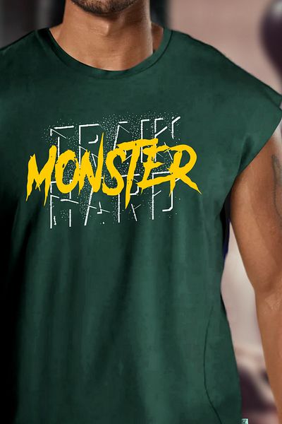 BESSA Mint Green Men's Athlete - Monster Printed, Oversize Crew Neck, Cotton Sleeveless Sportsman