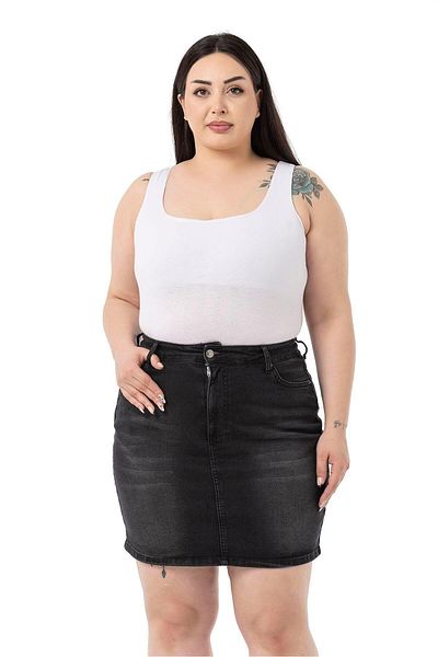 DISENTIS MODEST Large Size Black Mini Denim Skirt with Grinding Detail and Five Pockets
