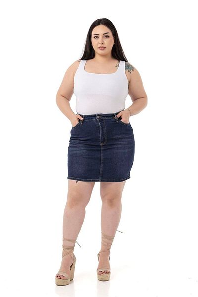 DISENTIS MODEST Large Size Navy Blue Mini Denim Skirt with Grinding Detail and Five Pockets