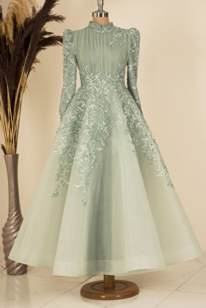 Surikka Embroidered Flower Serra Modest Evening Dress - Çağla