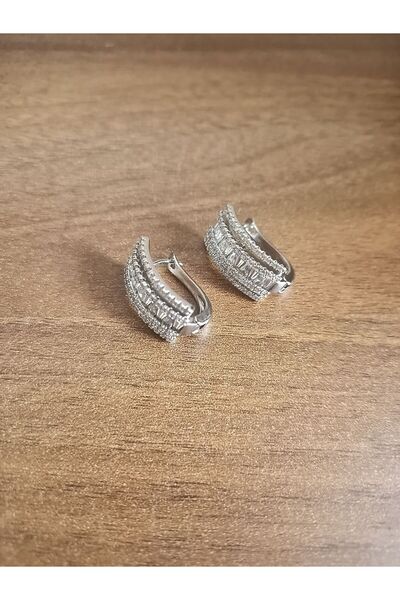 Power Es Kararmaz Paslanmaz Gümüş Renk Zirkon Taşlı Çelik Küpe