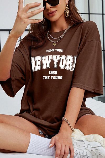 MODAGEN Μπλουζάκι Unisex Brown Crew Neck New York Printed Oversize T-shirt