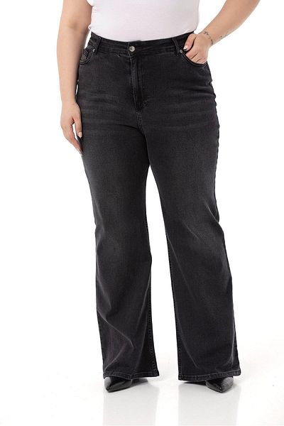 DISENTIS MODEST Plus Size High Waist Spanish Leg Black Denim Trousers