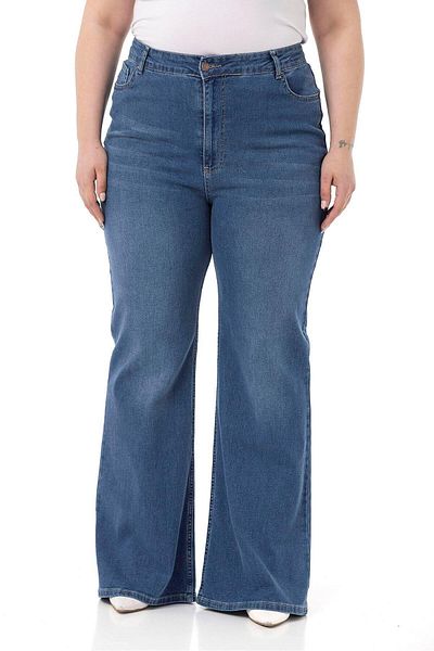 DISENTIS MODEST Plus Size High Waist Spanish Leg Blue Denim Trousers