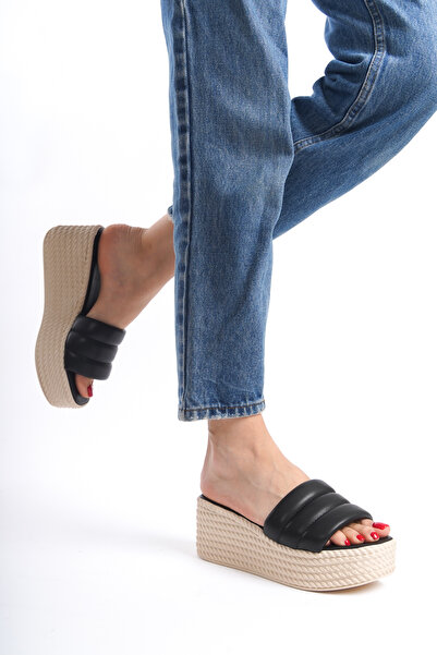 Moda Değirmeni Black Women's Wedge Heeled Slippers BG1189-122-0002