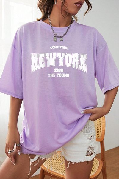 MODAGEN Μπλουζάκι Unisex Lilac Crew Neck New York με στάμπα oversize