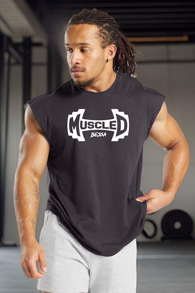 BESSA قميص رياضي رجالي من القطن برقبة دائرية كبيرة الحجم مطبوع عليه Muscled بدون أكمام