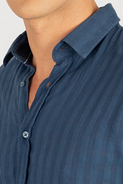Tudors Slim Fit hosszú ujjú pamut önmintás, bordázott sima férfi indigó ing