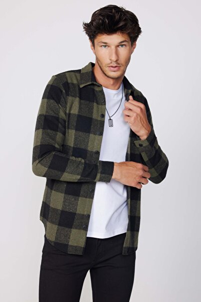 Tudors Slim Fit Uzun Kollu Kareli Kışlık Oduncu Erkek Haki Gömlek