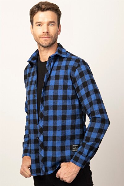 Tudors Slim Fit Uzun Kollu Kışlık Oduncu Dama Desen Erkek Sax Mavi Gömlek