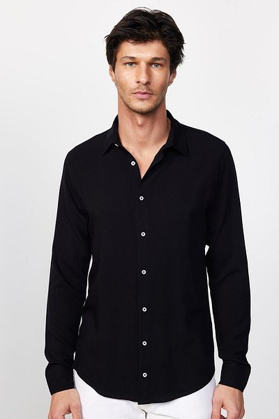 Tudors Slim Fit Μακρυμάνικο Slim Fit Flower Viscose Stylish ανδρικό πουκάμισο μαύρο