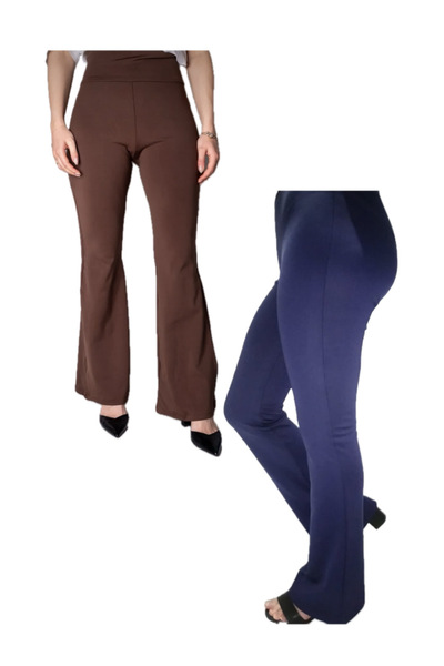 Modoo Tekstil Ψηλόμεσο Γυναικείο Παντελόνι - Σετ 2 τεμαχίων Navy και Καφέ