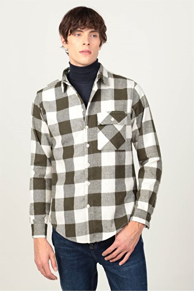 Tudors Slim Fit Long Sleeve Winter Lumber Cap Single Pocket Checkered Pattern Khaki Shirt