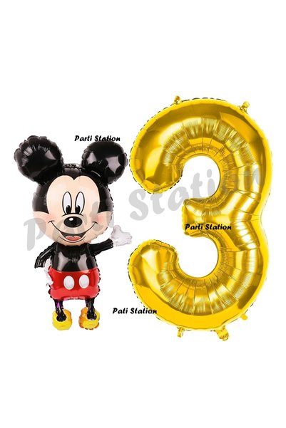 Parti Station Mickey Mouse 3 Year Old Birthday Set - Concept Balloon and Gold...
