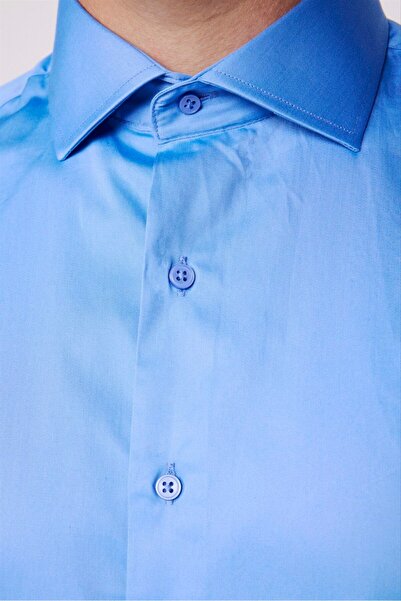 Tudors Slim Fit Uzun Kollu Koton Saten Premium Seri Erkek Mavi Gömlek