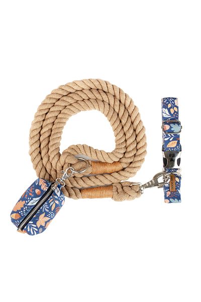 Lusi Doog Dog Collar, Travel Rope and Poop Bag Set (DARK BLUE FLOWER PATTERN)