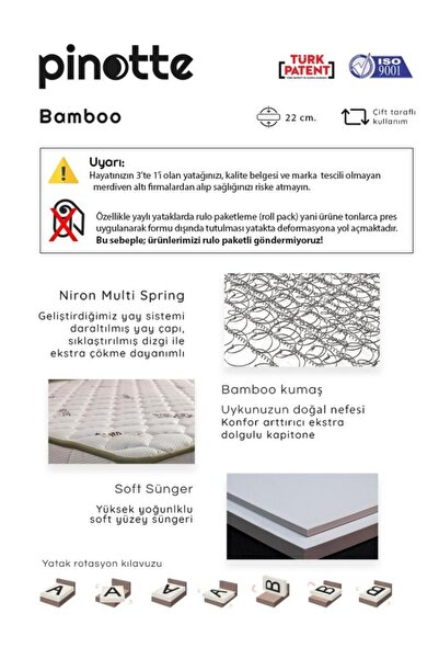 Pinotte Pi Bamboo Yatak Tek Kişilik Lüks Ortopedik Orta Sert Bambu Kumaş Yatak Hem Hesaplı Hem Dayanıklı