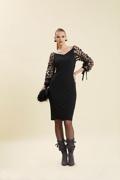 VERDA Tulle Flower Detailed Evening Dress with Sleeves