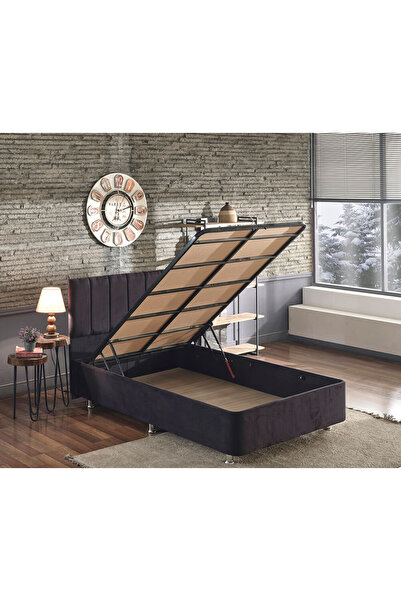 Niron Yatak Niron Ela Baza Ve Başlık Seti -120x200 Cm Tek Kişilik Siyah Kumaş...