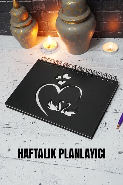 markcat Caiet A5 Swan Love Design din lemn negru - Agenda nedatată - Planificator săptămânal