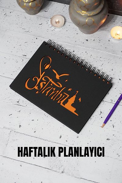 markcat Caiet de planuri din lemn negru de design Istanbul - Agenda nedatat - Planificator săptămânal - A5