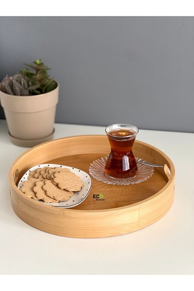 ECO KİTCHEN Bamboo Round Small Size Tray, Serving Tray. Wooden Tray