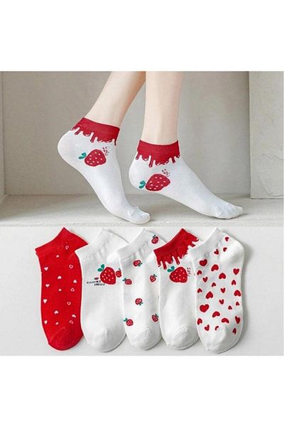 DZC KUZENLER AVM White Socks - 4 Pairs Cute and Multicolored Heart and Strawberry Patterned Women's Booties