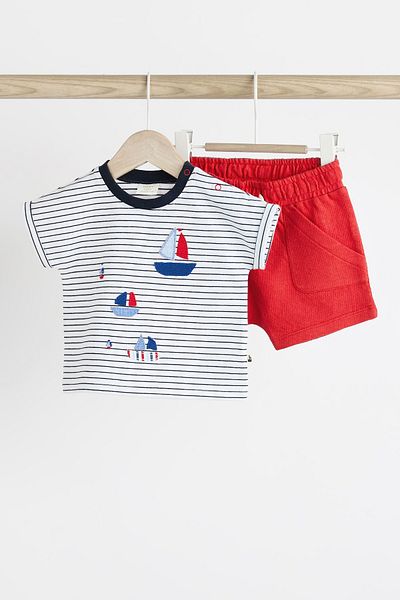 Next Baby Red Blue Cotton Navy Shorts Set - Short Sleeve