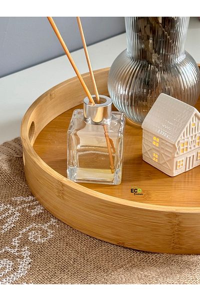 ECO KİTCHEN Bamboo Round Medium Size Tray, Serving Tray. Wooden Tray