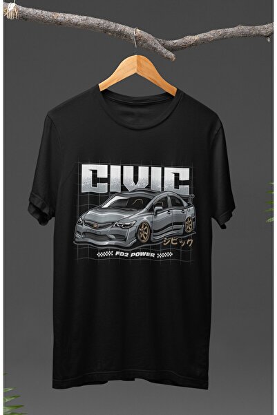 Fuddy Moda Unisex Honda Civic FD2 Power Baskılı T-shirt, Araba Yarış Temalı T...