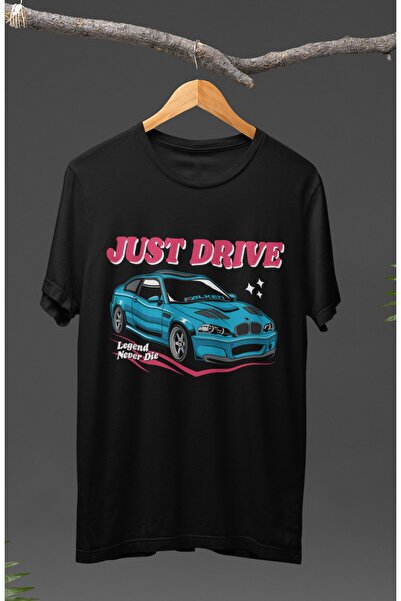 Fuddy Moda Tricou cu imprimeu Just Drive BMW E46 unisex, tricou imprimat cu t...
