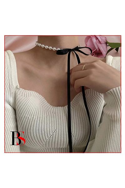Bijustore Black Velvet Ribbon - Pearl Women's Choker Necklace