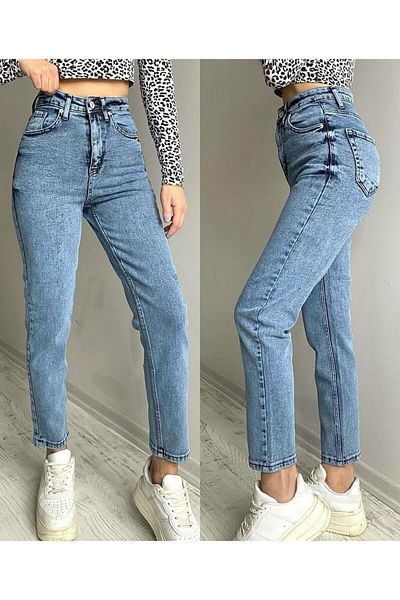 JILLY Julia Snow Blue Mom Jeans Lycra High Waist Snow Wash Mom Jeans Изключително удобни